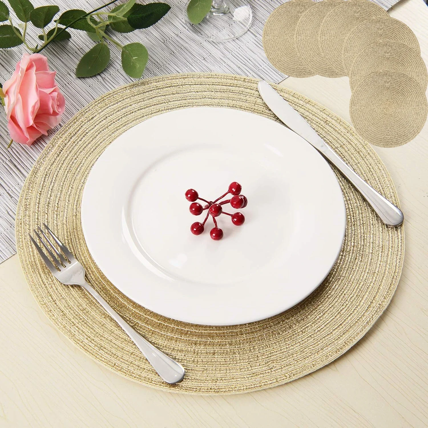 Golden Sliver Glitter Runde geflochtene Tischsets, 6er-Set, 34/38 cm, kreisförmige Tischsets, waschbare Tischsets für Küche, Party, Hochzeit Image
