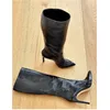 Schwarz Kniehohe Zipper Leder Stiefel Thin High Heel Spitz Mode Sexy Winter Große Größe 2025, Frau Schuhe Zapatillas Mujer