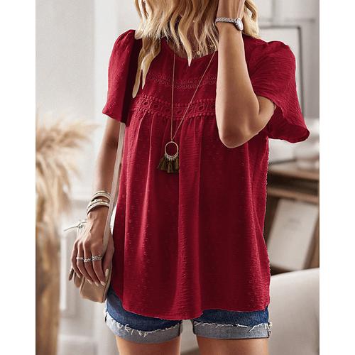 Women's Blouse Lace Tops Plain Daily Stylish Basic Short Sleeve Crew Neck Regular Tops Work Daily Holiday Hollow Out White Pink Red Spring Fall