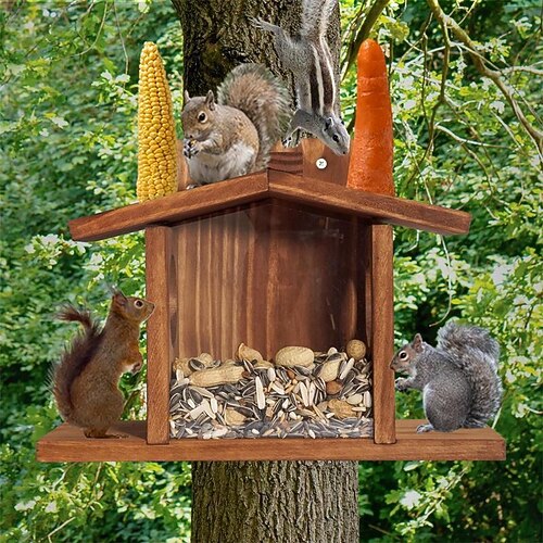 Futterspender aus Holz für Eichhörnchen, stabiles Futterhaus für Eichhörnchen, Futterspender aus Holz für Picknicktische mit Eichhörnchen, kein Zusammenbau erforderlich, stabile Hockerbar für Image