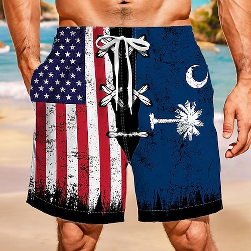 Herren Amerikanische US-Flagge Badehosen Badeshorts Boardshorts Mittlere Taille Hawaiianisch Lässig Urlaub Ferien Strandbekleidung Seitentaschen Netzfutter Elastischer Kordelzug in der Taille Designer Image
