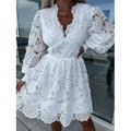 Damen Mini Kleid Korsett Kleid A Linie Kleid Puffärmel Kleid Lochmuster Kleid Geburtstag Cocktail Urlaub Alltag Reguläre Passform Einfarbig Ärmellos V-Ausschnitt Weiß Sommer