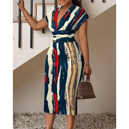 Damen Midikleid Freizeitkleid Bodycon Sommerkleid Mode Outdoor Ferien Date Normale Passform Farbblock Halbarm Tiefer V-Ausschnitt Blau Braun Dunkelblau Sommer Frühling Image