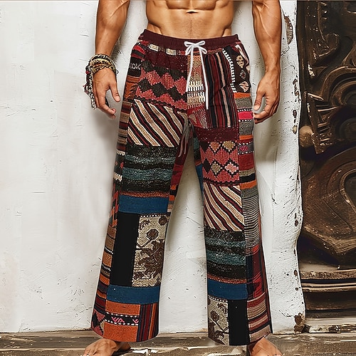 Herren Farbblock Patchwork Ethnisch Hose Baggy-Hosen Freizeithose Mittlere Taille Hawaiianisch Vintage-Retro Outdoor Ferien Kordelzug Elastischer Bund Weites Bein Sommer Frühling 3D-Druck Wein Image