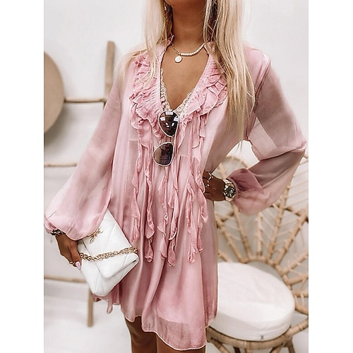 Damen Minikleid Freizeitkleid Basic Lässig Urlaub Täglich Normale Passform Einfach Dreiviertelarm V Ausschnitt Rosa Grau Sommer Image