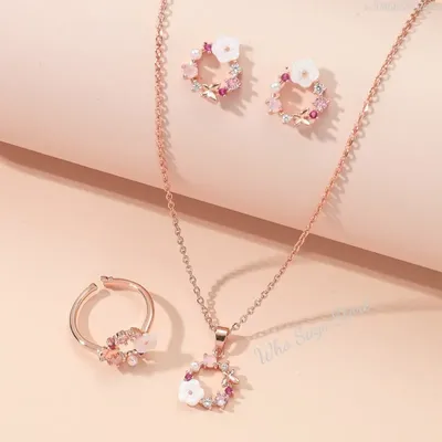 4pcs/set Rose Gold-color Jewelry Set Lady Flower Fashion Accessories Zircon Simple Ornate Exquisite