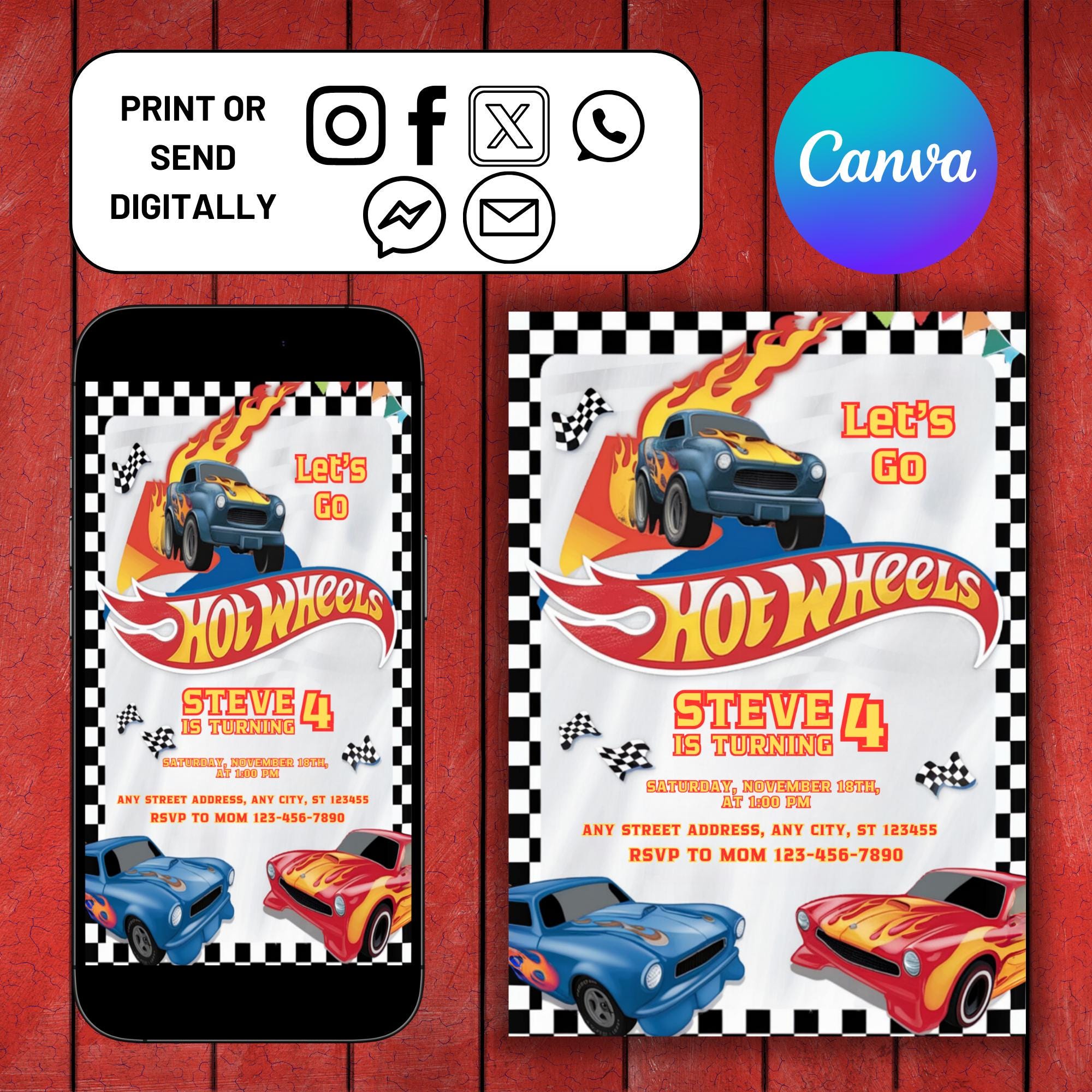Invito di compleanno a tema auto, invito per bambini a tema auto da corsa, invito per festa a tema auto hot, invito di compleanno a tema auto, invito