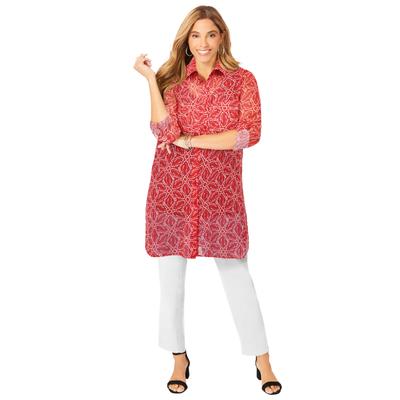 Plus Size Women's Sheer Georgette Mega Tunic by Jessica London in Red Mosaic Flower (Size 34 W)