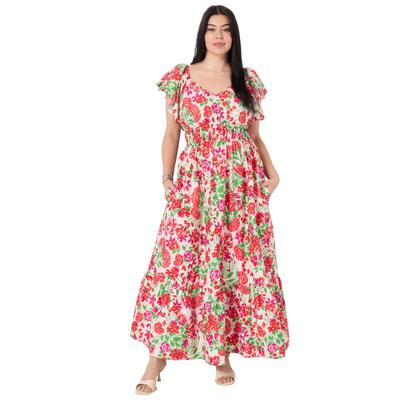 Plus Size Women's Smocked Poplin Maxi Dress by June+Vie in Garden Red (Size 18/20)