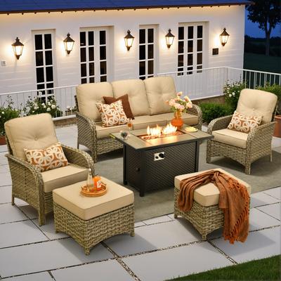 OVIOS 6-piece Patio Wicker Conversation Furniture Set With Fire Pit