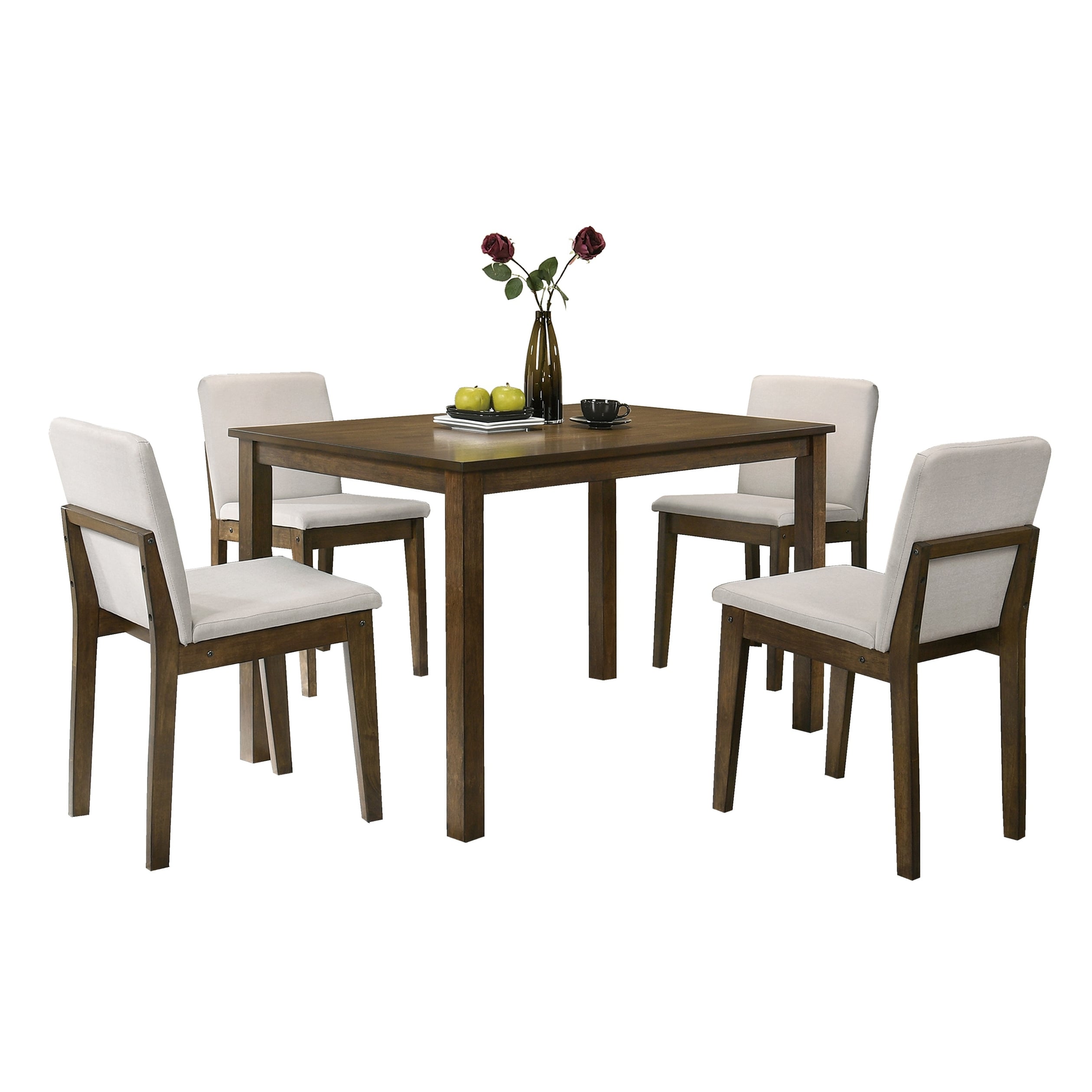 Dark Walnut Finish 5pc Dining Room Set Dining Table 4x Chairs Beige Fabric Chair Seat Kitchen Breakfast Dining room Furniture