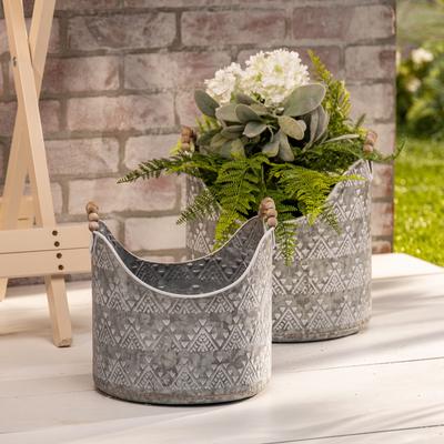 Set of 2 Rustic Metal Buckets with Wood Bead Handles
