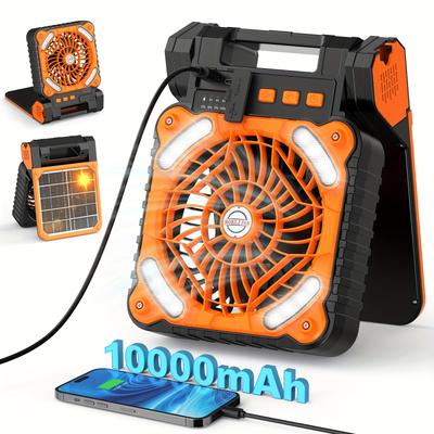 TEMU 10000-20000mah Solar Powered Camping Fan With Led Lantern, 4 Powerful Wind Rechargeable Battery Operated Portable Fan, Cordless Desk Cooling Fan With 3 Timer & Powerbank For Travel Tent