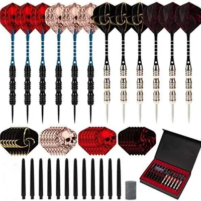 Metall-Dart, Stahlspitze, 12 Stück, Aluminium-Dartstange, Kunststoffpfosten, extra fliegender Dartschärfer, Nadel, Steinbox Image