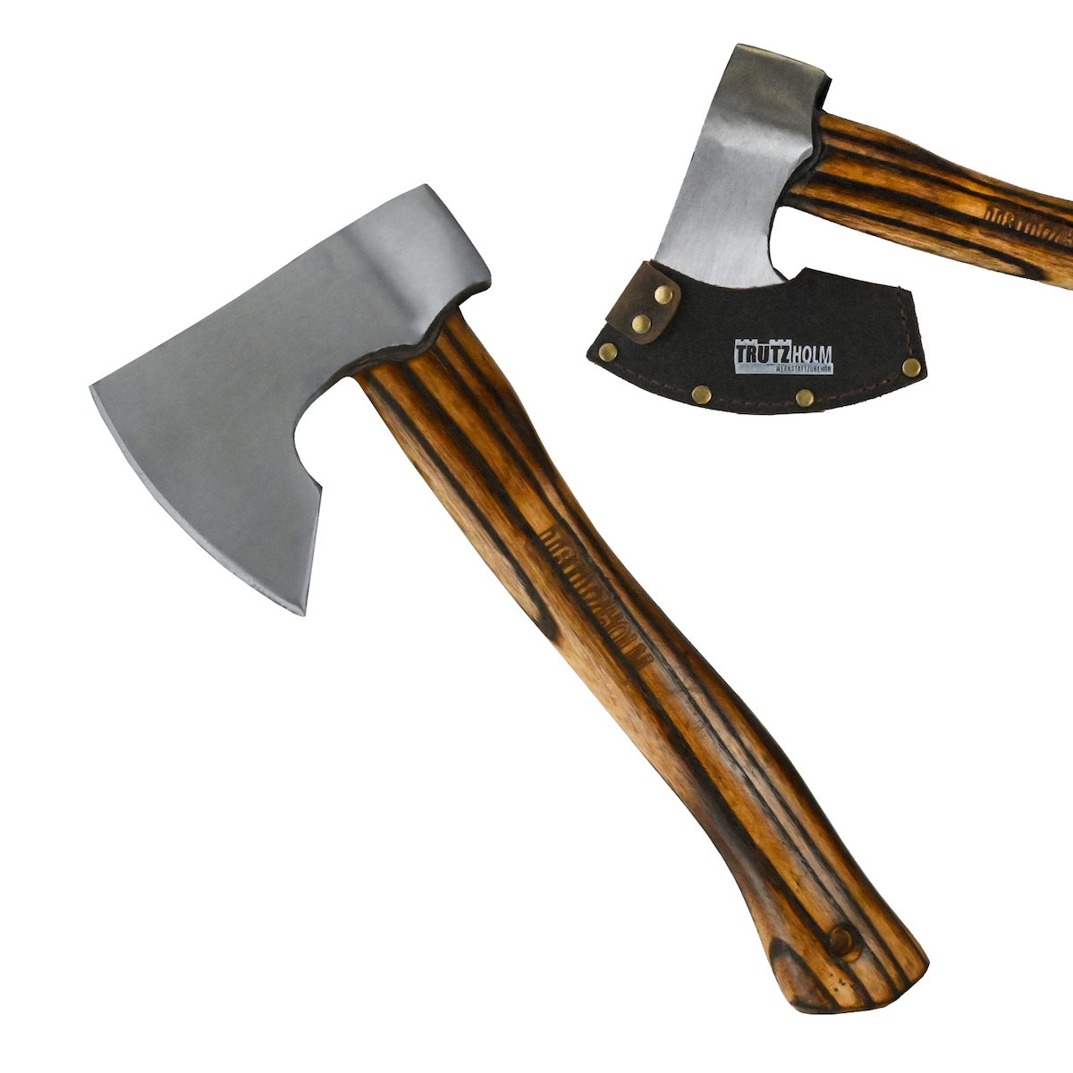 Baumarktplus Beil Vintage Stahl Hickoryholz geflammt 500 g Kopf 320 mm lang inkl. Klingenschutz aus Leder Image