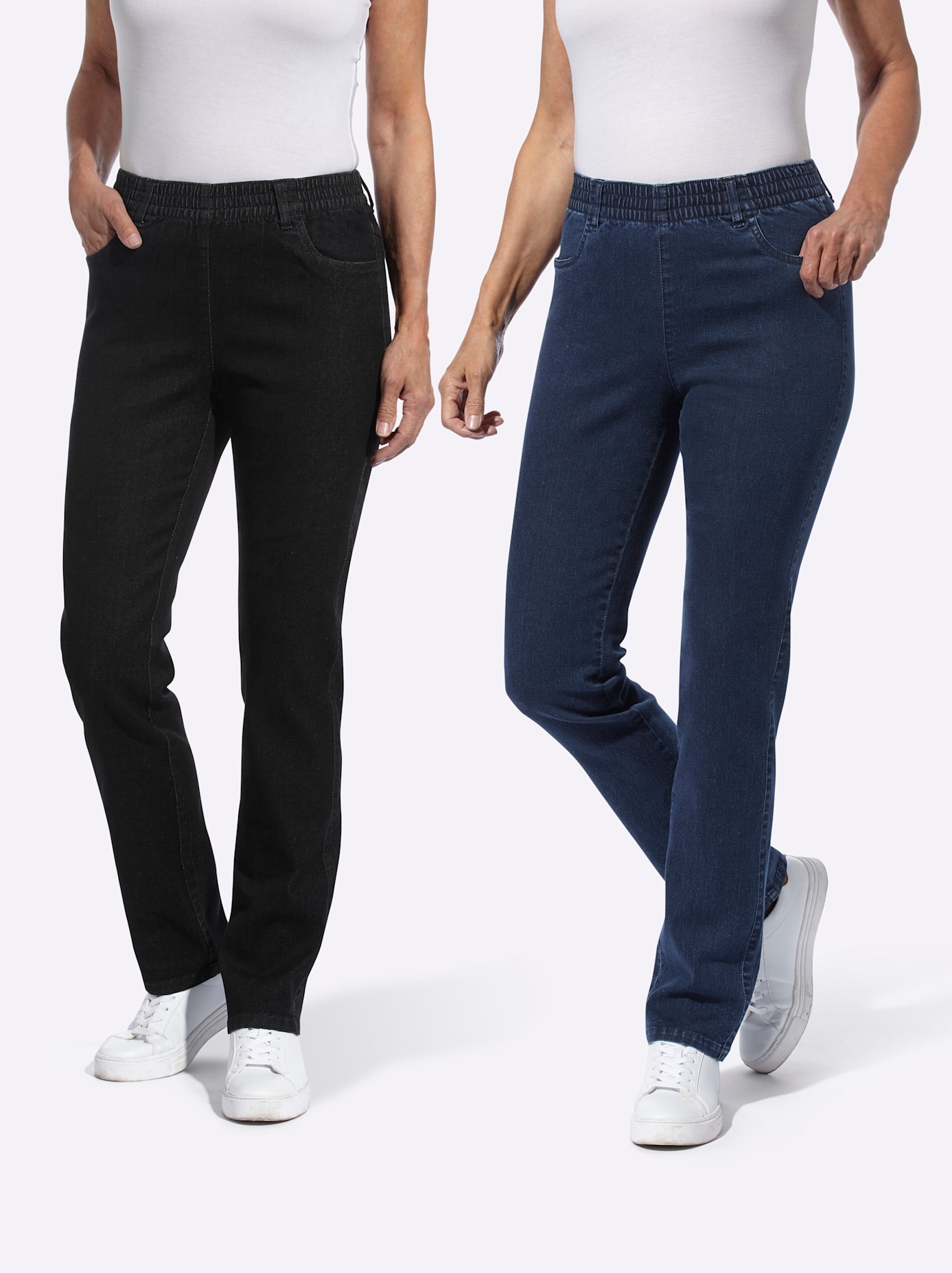Bequeme Jeans CLASSIC BASICS, Damen, Gr. 54, Normalgrößen, blau (dunkelblau, schwarz denim), 81% Baumwolle, 17% Polyester, 2% Elasthan, unifarben, lang, Jeans