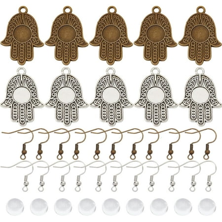 DIY Blank Dome Earrings Making Kit Include Hamsa Hand Alloy Pendant with Tray Half Round Glass Cabochons Brass Earring Hooks Antique Bronze & Antique Silver 120Pcs/box
