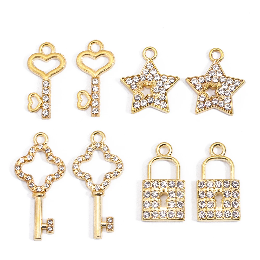 JQ 10Pcs Bling Crystal Key Lock Gold Plated Alloy Charm Pendant for Necklace Earring Handmade Jewelry Accessory Wholesale