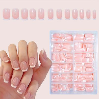 TEMU 288pcs Minimalist White French Tip Press-on Nails - Glossy Nude Square Fake Nails For Women And S, Medium Length Image
