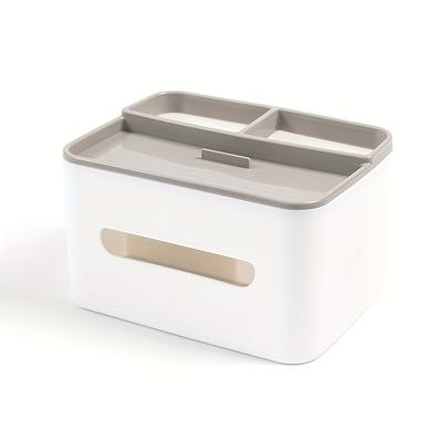 TEMU 1pc Multifunctional Desk Organizer Storage Box With Tissue Holder, Remote Control And Sundries Caddy, Polished Plastic, Lightweight, Tension Installation For Office Desk Organization Image
