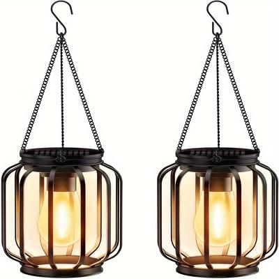 TEMU 2pcs Hanging Led Solar Lanterns Outdoor, Metal Outdoor Solar Lantern With White Hot Led Bulb, Outdoor Solar Light For Terrace Lawn Balcony Yard Image