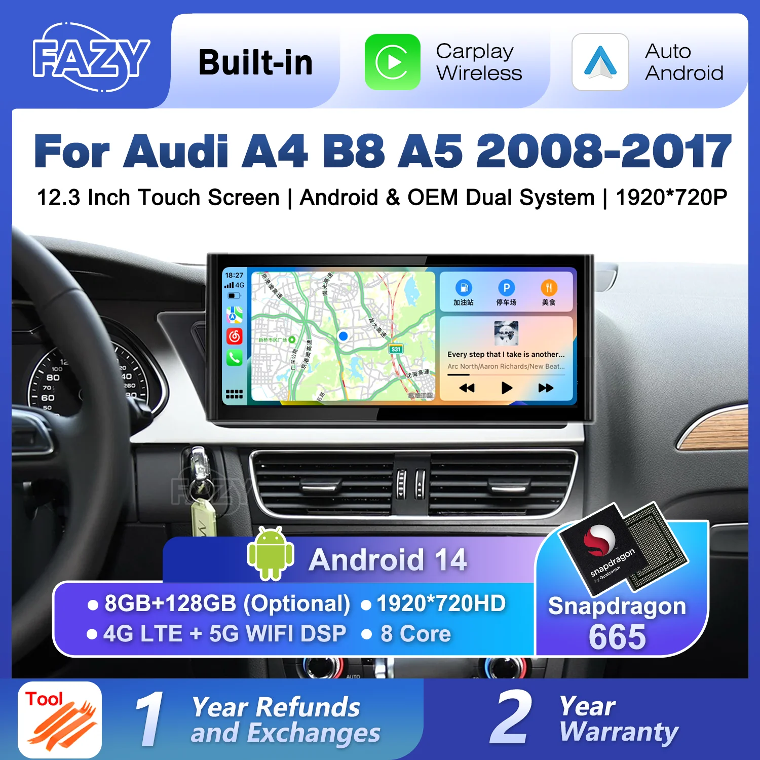 Android 14 Multimedia-Player für Audi A4 B8 A5 2008-2017 MMI 2G 3G Autoradio CarPlay GPS-Navigation Stereo DSP 4G WiFi Netflix Image