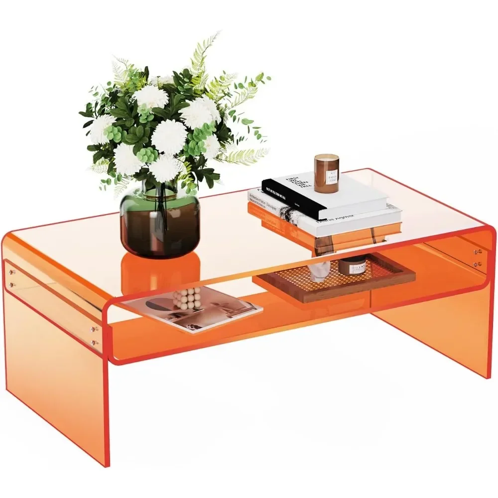 Acryl-Couchtisch für Wohnzimmer, klarer rechteckiger Lucite-Tisch mit offenem Ablagefach, Orange