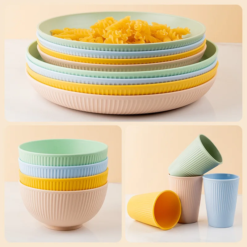 Mehrfarbig 4 Stück Set Tasse/Teller/Schüssel wieder verwendbar 4 Personen vertikale umwelt freundliche Getreide Haushalt Weizen Stroh Tablett Schüssel Tasse Geschenks ets Image