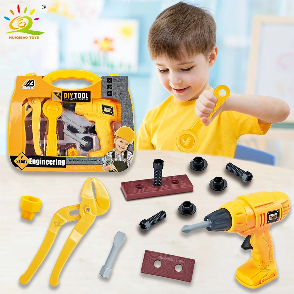 Kinder Toolbox Ingenieur Simulation Reparatur Werkzeuge Bohrer Säge Schraubendreher Zangen Kit Pretend Spielen Haus Spielzeug für Kind Geschenk Image