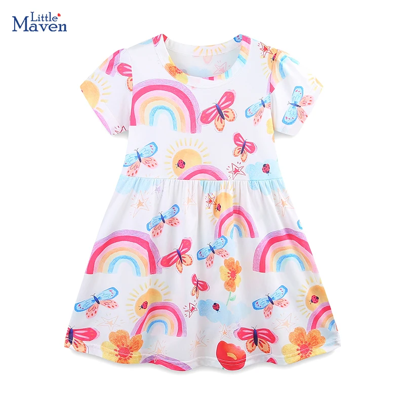 Little Maven 2025 Sommer Neue Kinderkleidung Kinderkleidung Baby Mädchen Cartoon Regenbogen Schmetterling Kleider 2–7 Jahre Image