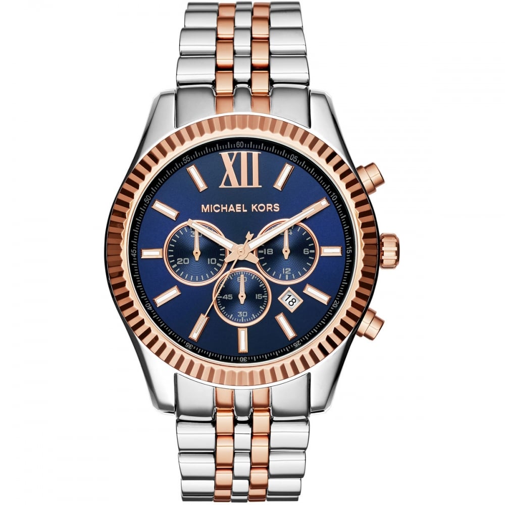 Michael Kors Mens MK8412 Lexington Two Tone Blue - Silver & Rose Gold Stainless Steel - One Size