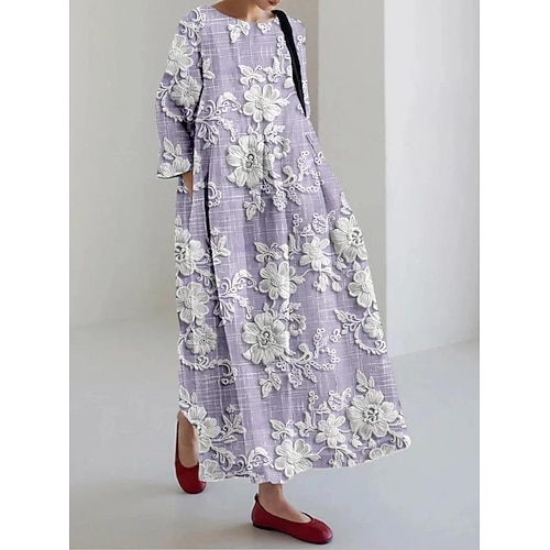 Vestito maxi da donna abito casual abito casual vacanza vestibilità ampia grafica floreale in lino simile a manica 3/4 girocollo blu viola chiaro verde beige primavera autunno inverno