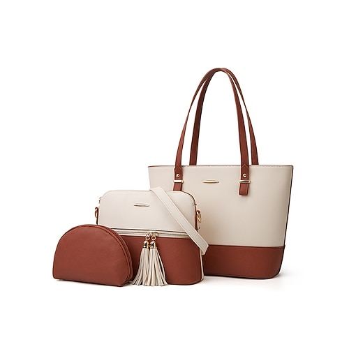 elegante set di borse da donna bicolore patchwork con decorazione a nappe - borsa a mano, borsa a tracolla e borsa piccola - perfette per il tempo libero quotidiano, per andare al lavoro