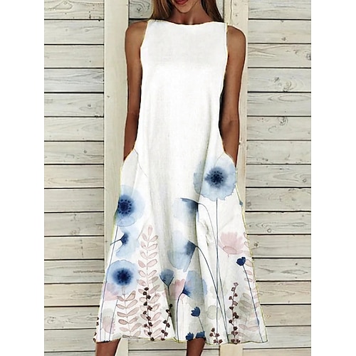 Abito Midi da Donna Abito A Line Abito T Shirt Abito Tee Abito Scollato Abito Sportivo Casual Vacanza Quotidiana Vestibilità Regolare Floreale Senza Maniche Spalle Scoperte Giallo Rosso Blu Viola