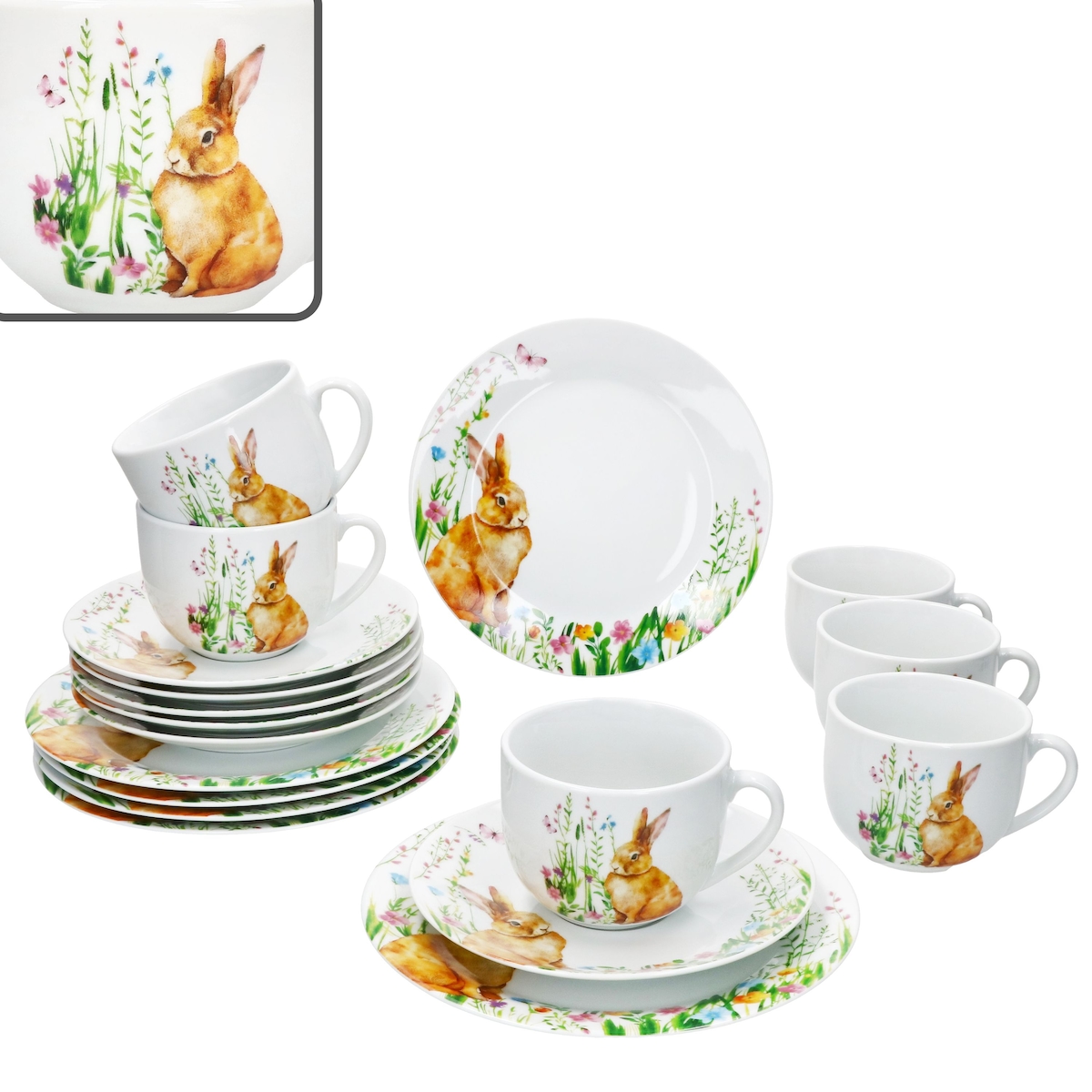 18tlg Kaffeeservice Osterfreude Porzellan 6 Pers Tassen Untertassen Teller Hase Image