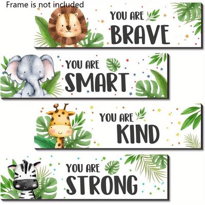 TEMU Print Painting, Room Decor 4pcs Jungle Animals Motivational Wall Art, Inspirational Quotes, Educational Chart Set, 4x10 Inches, For Classroom, Home, Office Decor