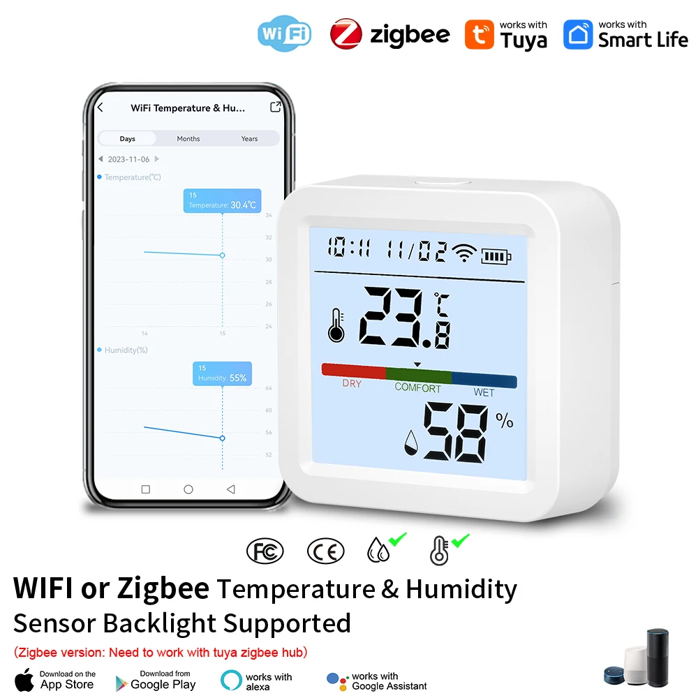 Tuya WIFI oder Zigbee Temperatur Feuchtigkeit Sensor Hygrometer Thermometer Smart Home Hintergrundbeleuchtung Smart Life Support Alexa Google Image