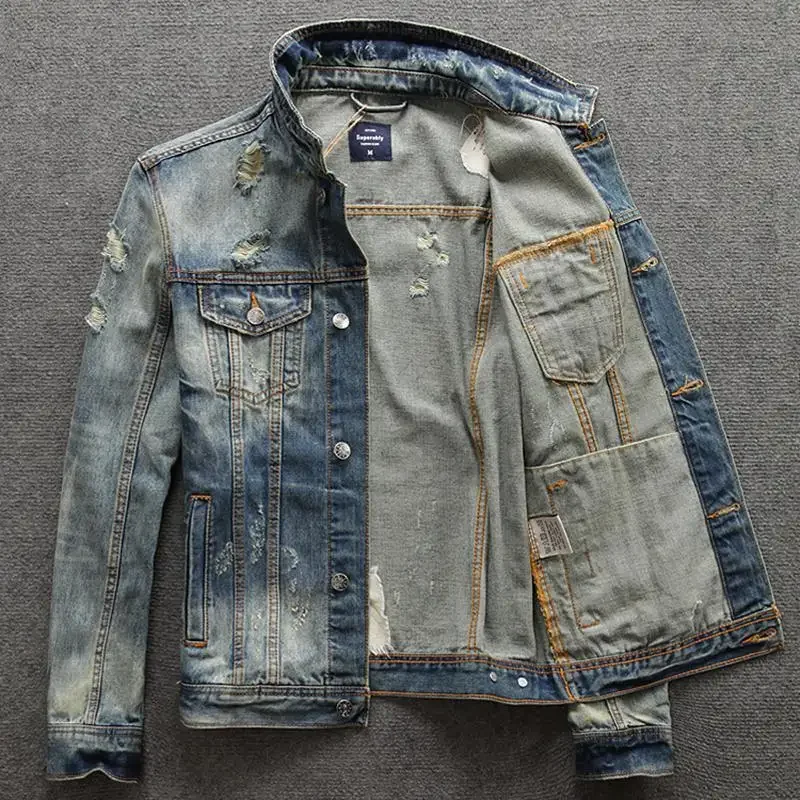 Zerrissene, lässige, schlanke Herren-Jeansjacke, Vintage-Jeansmäntel für Herren mit Loch, kurze Herrenbekleidung, Größe L, Markenmode, kostengünstiger Designer