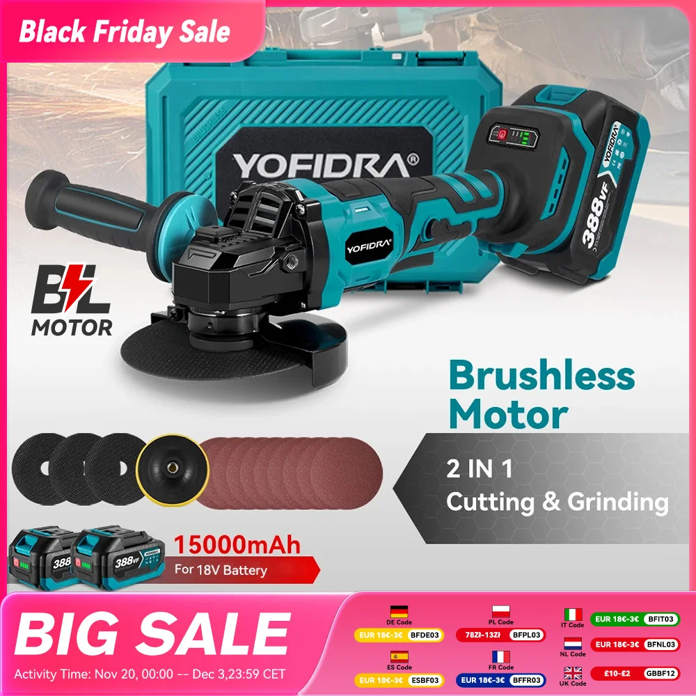 YOFIDRA 2in1 125mm Elektrische Bürstenlosen Winkel Grinder 3 Gänge Holzbearbeitung Polierer Cutter Maschine Power Tool Für Makita Batterie pin Image