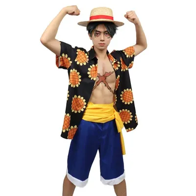 Wenam Ruffy Sonnenblume Cosplay Kostüm Hemd Hosen Schärpe Set Ruffy Sonnenblume Hawaii Shirt Anime Ruffy Dressrosa Outfit Image