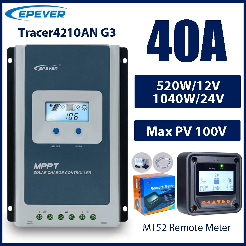40A MPPT Solar Laderegler 12V 24V Batteriespannung Max Solarpanel 100V EPEVER Regler mit MT52 Datenmonitor Image