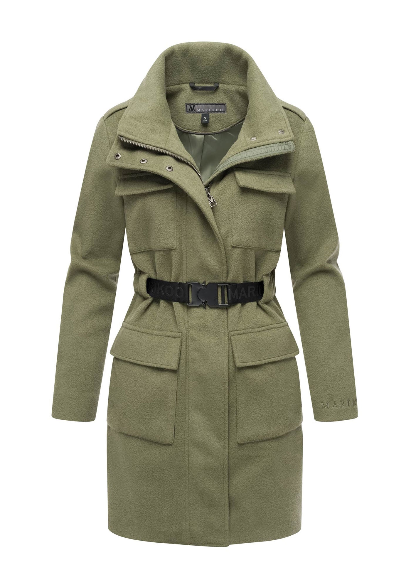 Kurzmantel MARIKOO "Tanokoo", Damen, Gr. XL, grün (olive leaf), 90% Polyester, 10% Viskose, Mäntel Kurzmantel, Eleganter Übergangsmantel mit großen Taschen und Stretch-Gürtel Image