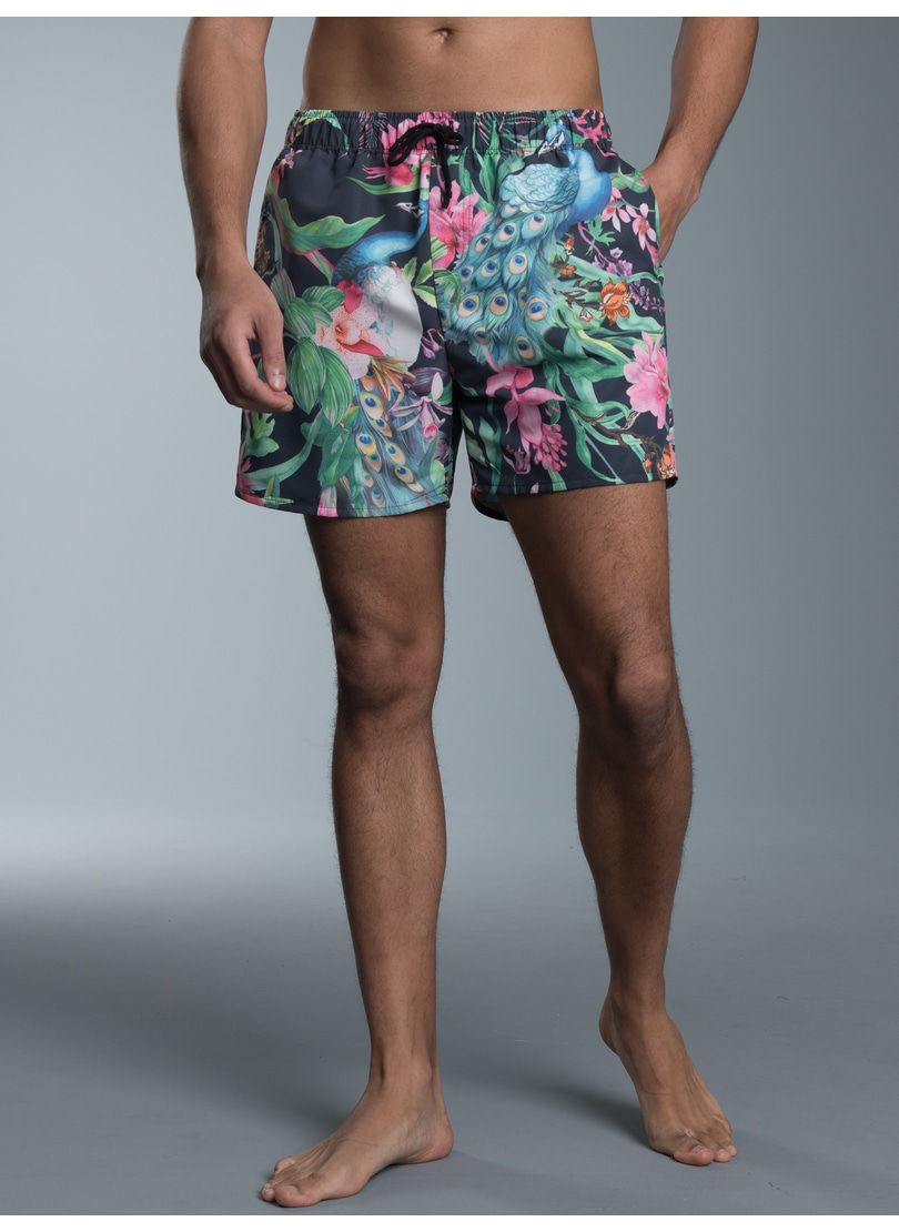 Shorts TRIGEMA "TRIGEMA Bade-/Freizeitshorts mit Druckmotiv", Herren, Gr. XXL, US-Größen, grau (anthrazit), 50% Baumwolle, 50% Polyamid, Sportlich, Hosen Image