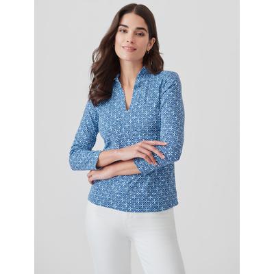 J.McLaughlin Women's Sahara Ruffle Top in Ceramic Waves Navy/Light Blue, Size Small | Nylon/Spandex/Catalina Cloth