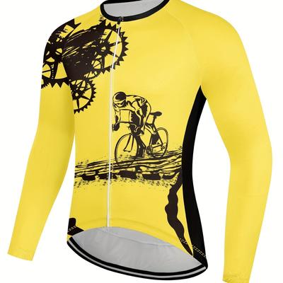 TEMU Men's Quick-dry Cycling Jersey With 3 Rear Pockets - Breathable, Sweat-wicking Long Sleeve Bike Top For Mtb & Road Riding, Reflective Strips