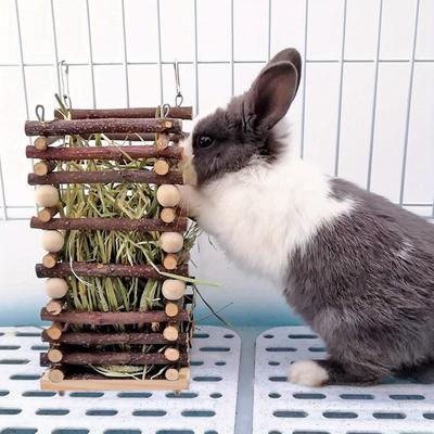 TEMU Wooden Hanging Hay Feeder & Toy For Small - Applicable For , Rabbit, Guinea Pig - Wood Biting Resistance & For