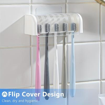 TEMU Space-saving 5-slot Toothbrush Holder With Cover - Self-adhesive, Wall Mounted Organizer For Bathroom & Dorms, Plastic