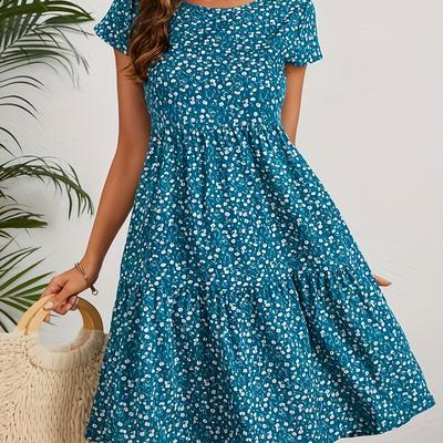 TEMU 1pc Women's Floral Print Tent Dress - Polyester Crew Neck Knee-length Swing Dress With Zipper Detail, Pencil Hem, Regular Fit For Spring/summer/fall - Woven Short Sleeve Pendulum Dress Image