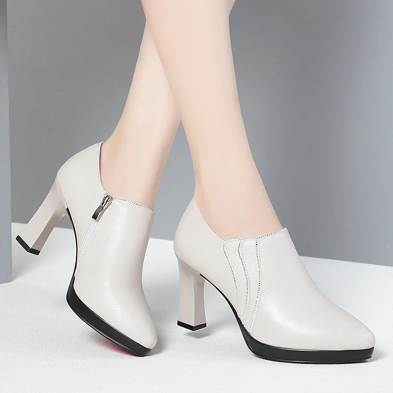 Comfortable Pointed Toe Deep Mouth Soft Leather Shoes Women's Pumps 2024 Fall Block High Heels For Office Model Mom Elegant