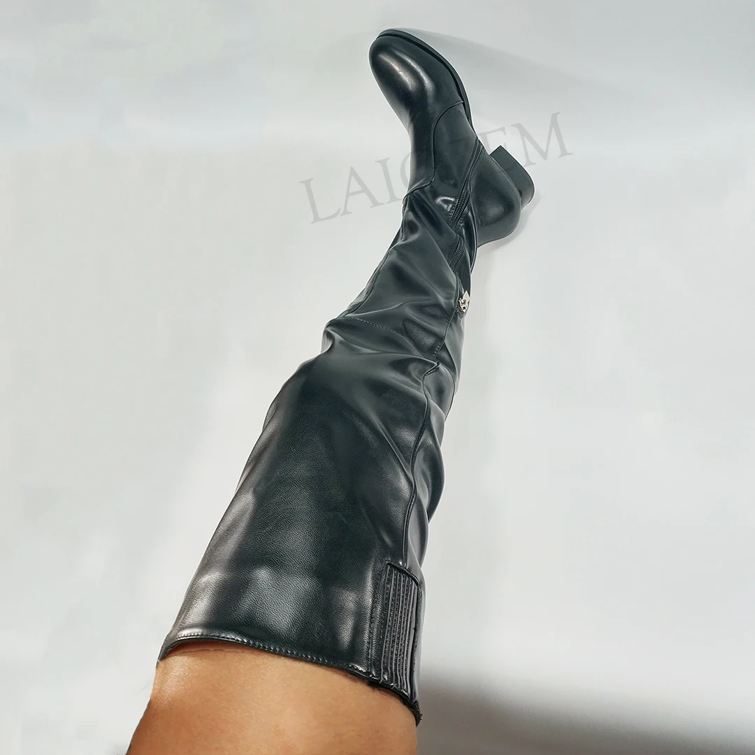 ZHIMA Frauen Oberschenkel Hohe Stiefel Kunstleder Seitlichem Reißverschluss Niedrige Block Heels Stiefel Über Knie Schuhe Botines Mujer Botas Große Größe 41 45 52